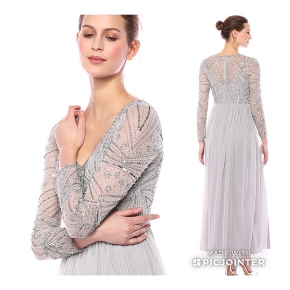 Adrianna Papell Silver Beaded Long sleeve Dress